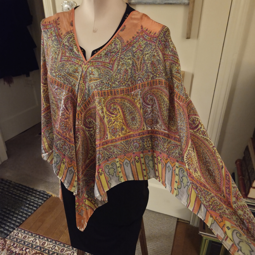 Red Fish Designs Silk Paisley Poncho, Pink Yellow Green Orange, Funky Shawl